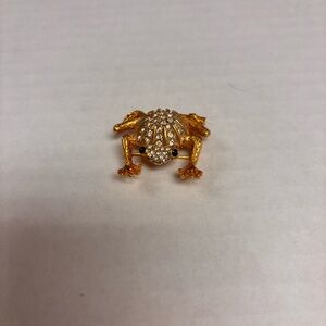 Vintage Kenneth Jay Lane KJL Frog Brooch Gold Tone Pavé Rhinestone Green Eyes